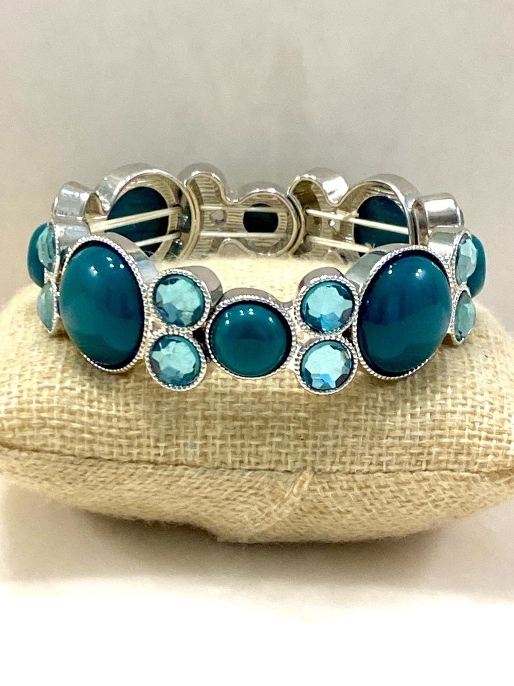 Teal Cabochon Light Blue Rhinestone Silver Stretch Bracelet Statement